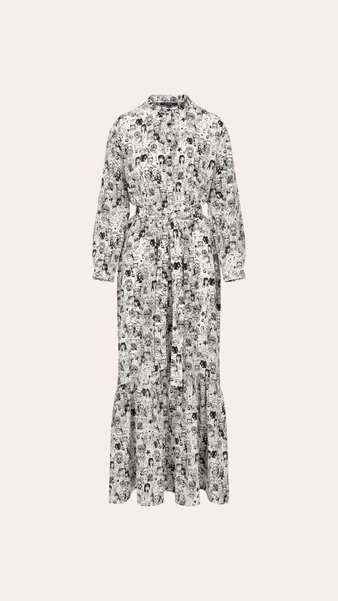 STUDIO 54 bags and faces print long silk dress