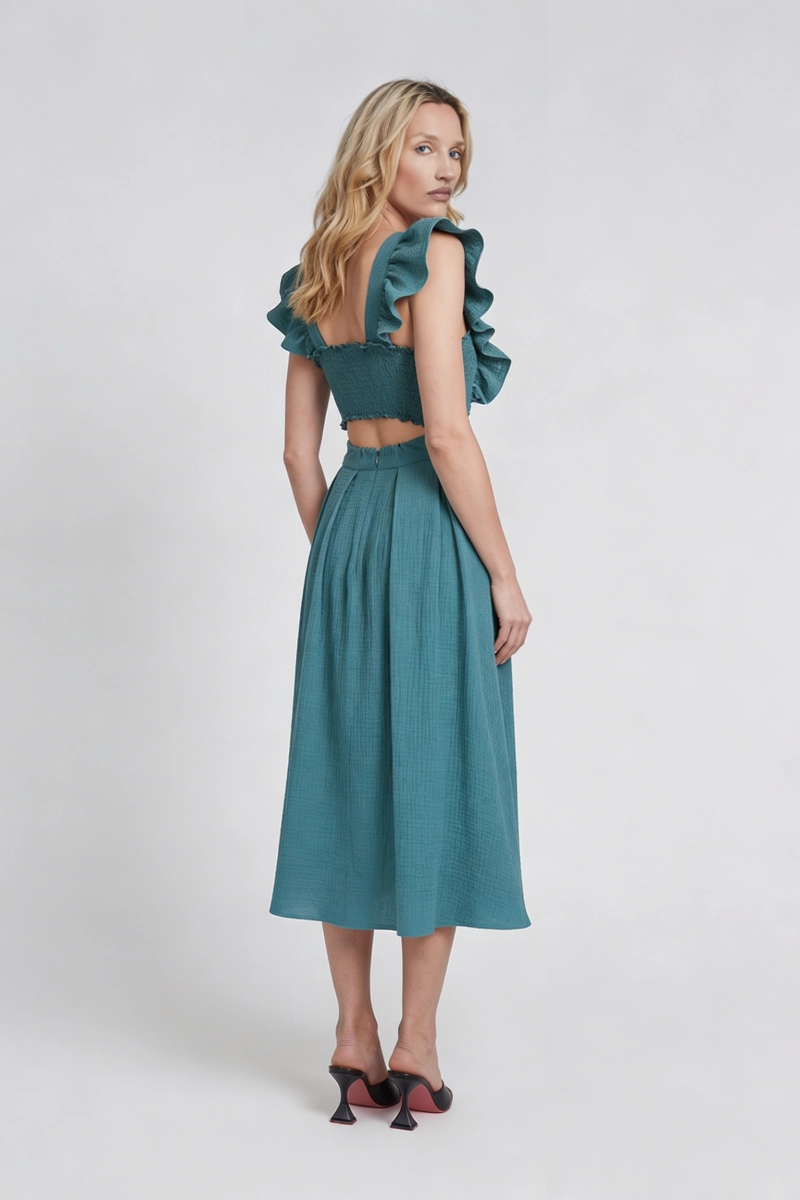ROOFTOP SEA GREEN sukienka midi z dekoltem na plecach