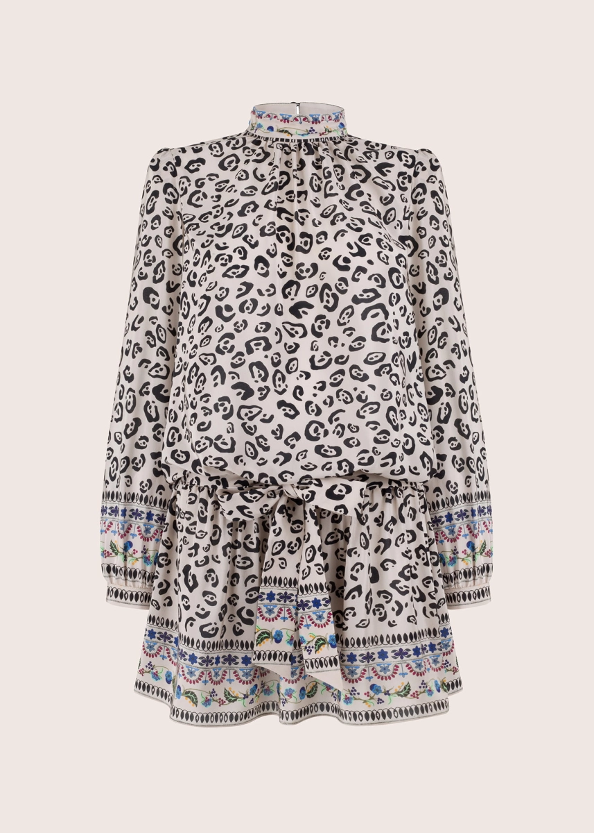 CARRIE beige jedwabna sukienka w zwierzęcy print