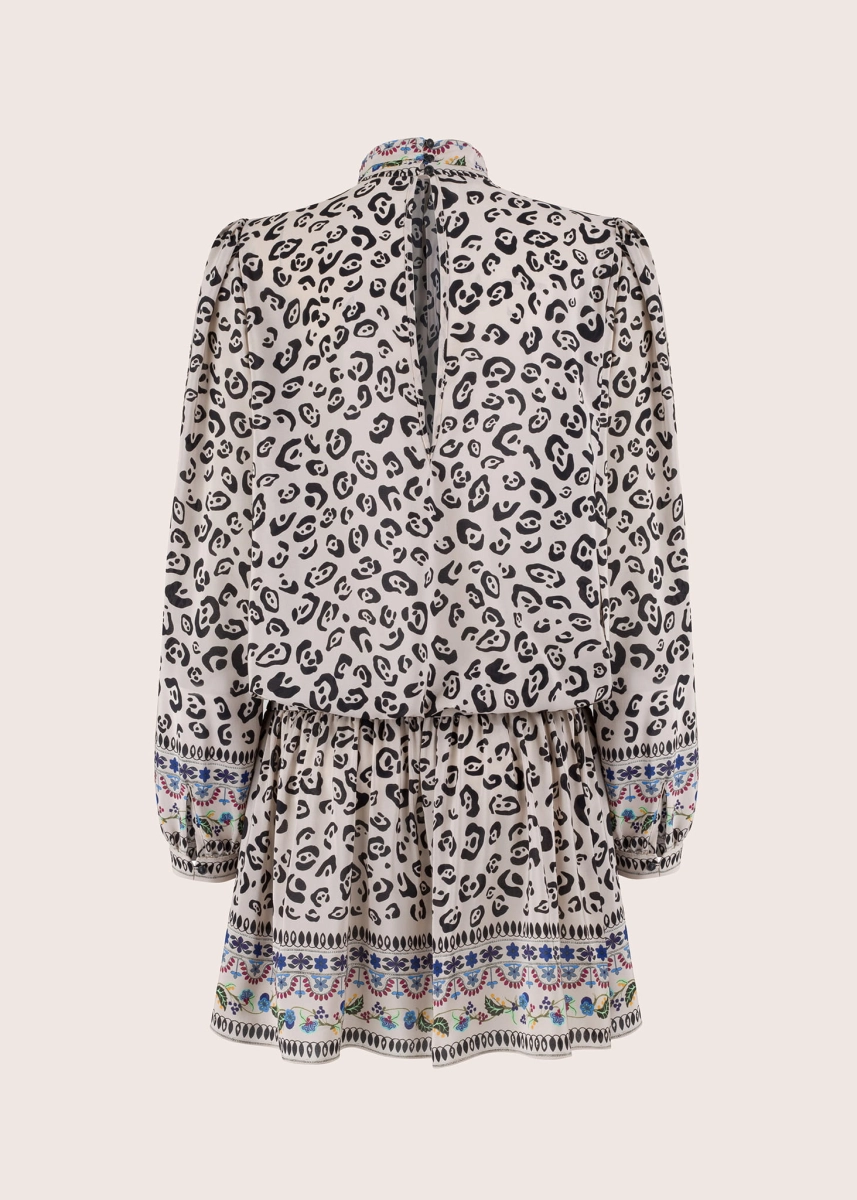 CARRIE beige jedwabna sukienka w zwierzęcy print