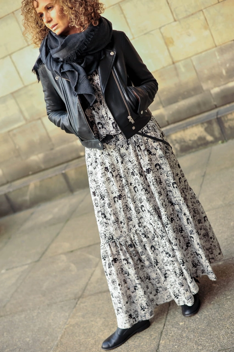 STUDIO 54 bags and faces print long silk dress