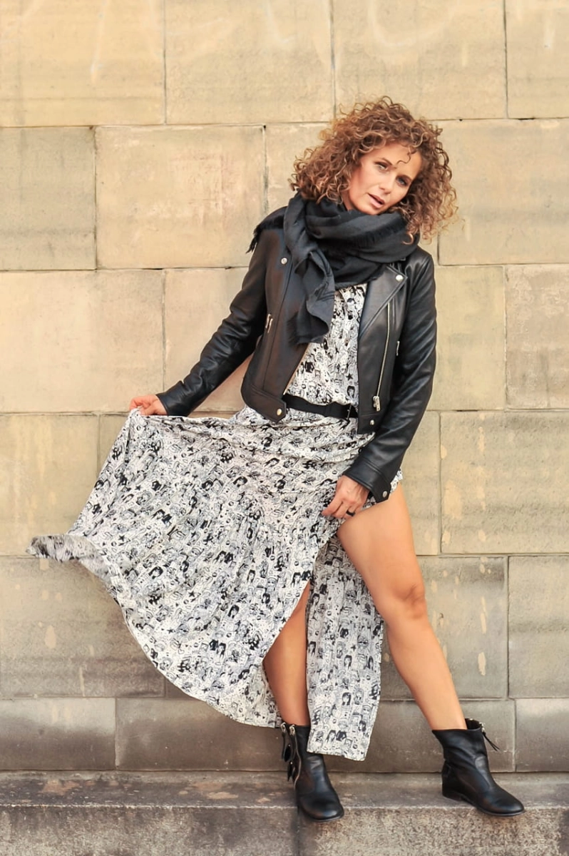 STUDIO 54 bags and faces print long silk dress
