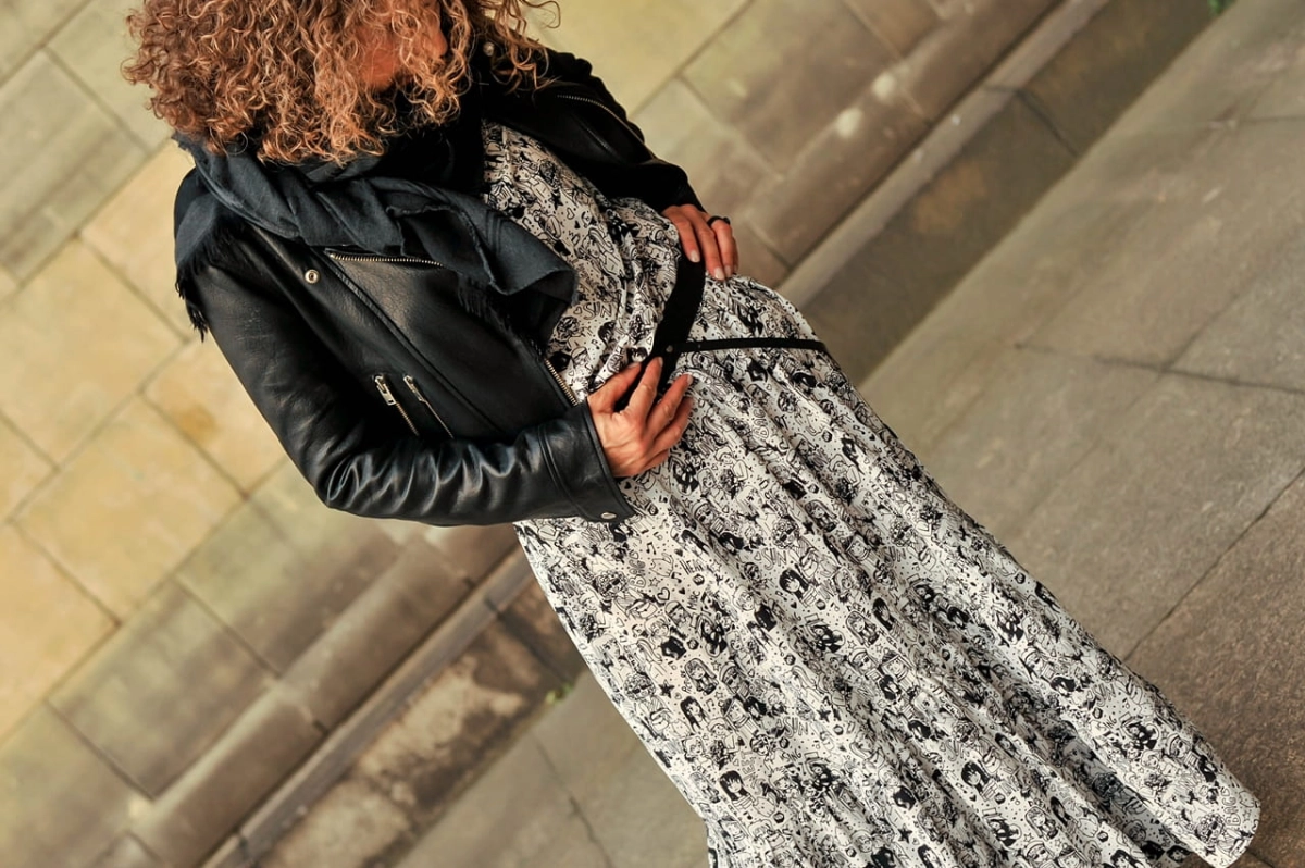 STUDIO 54 bags and faces print long silk dress