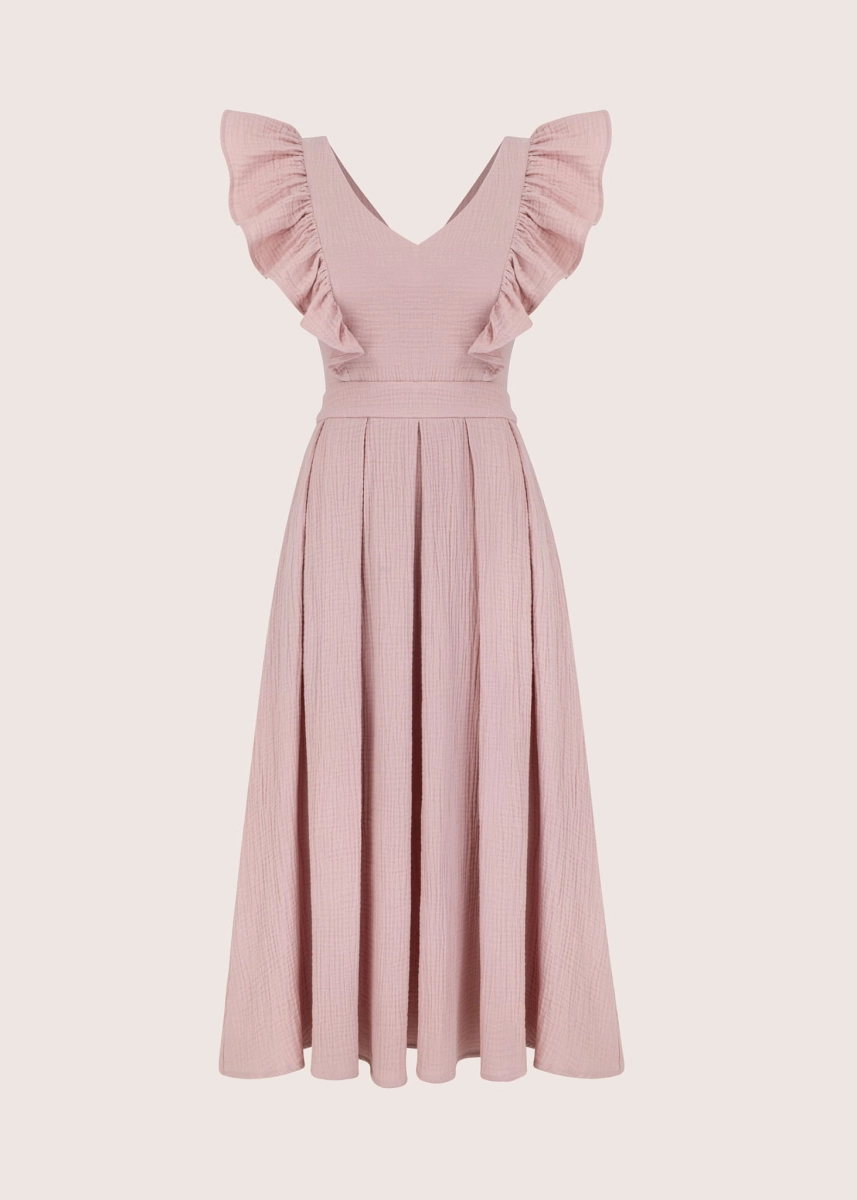 ROOFTOP DUSTY PINK MUSLIN sukienka midi z dekoltem na plecach