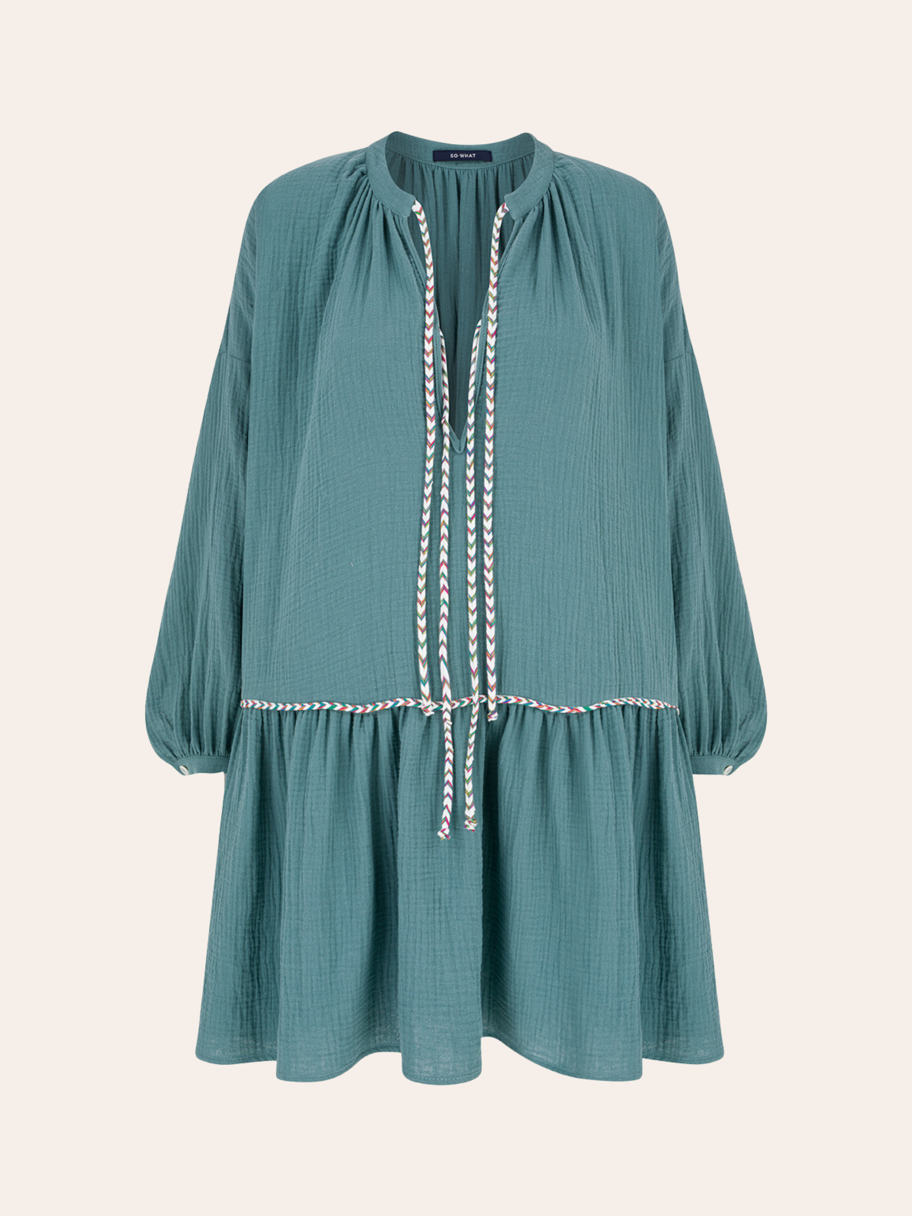 HAMPTONS SEA GREEN obszerna sukienka z bawełnianego muślinu