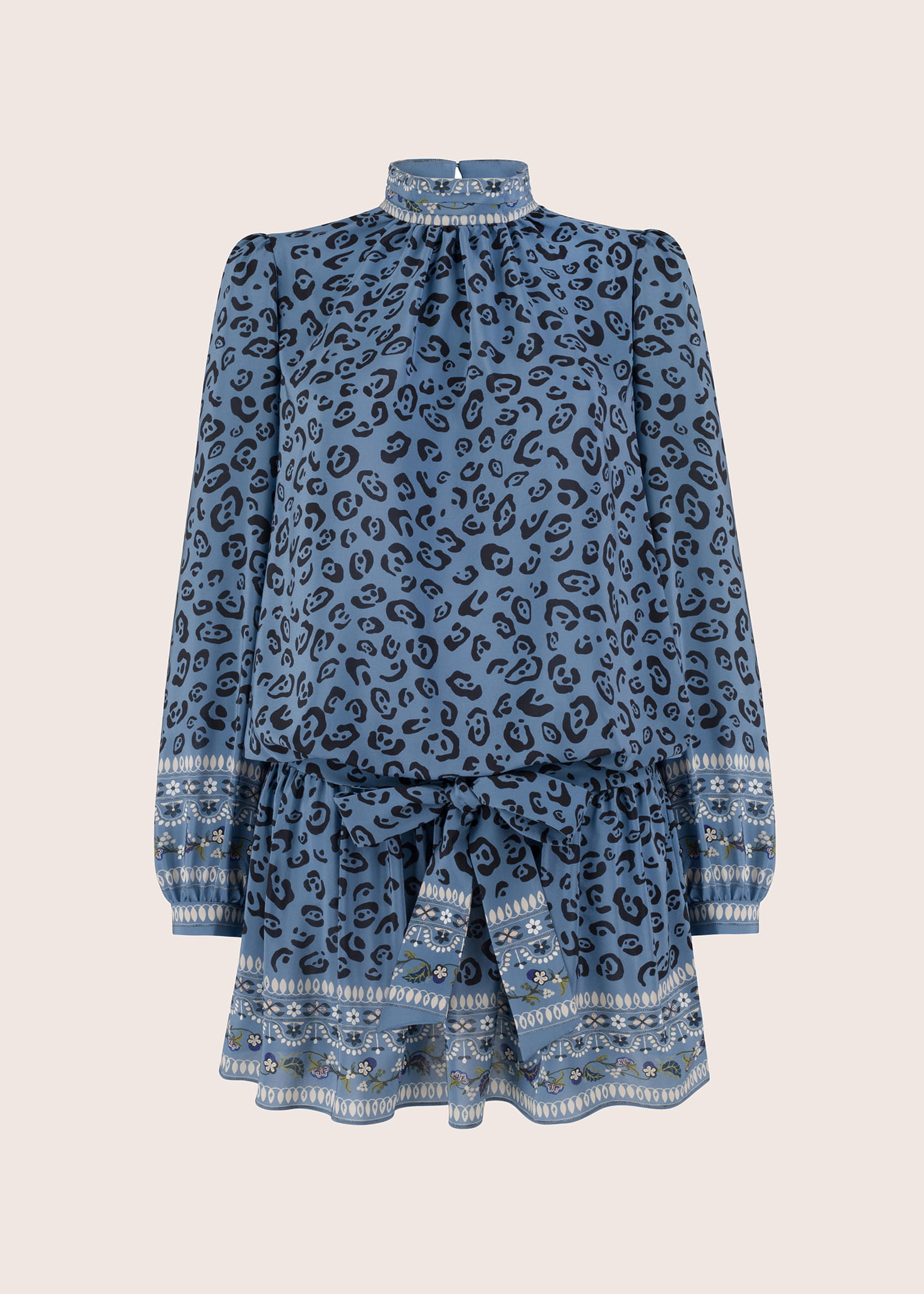 CARRIE BLUE jedwabna sukienka mini w niebieski leopard print